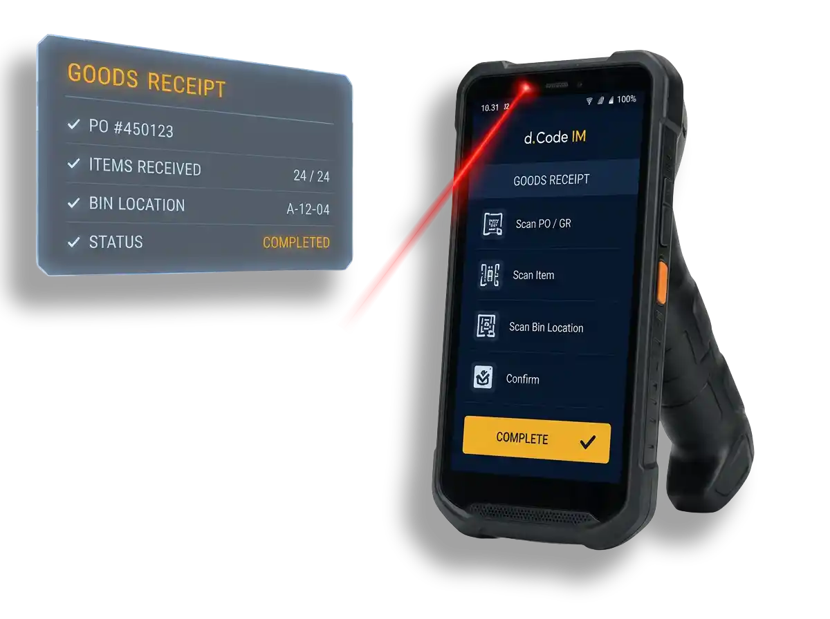 d.Code Mobility rugged handheld scanner showing Goods Receipt workflow with laser scan beam